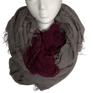 Grey and Burgundy Crochet Infinity Scarfs with Frayed Fringe and Shimmer 2scarfs